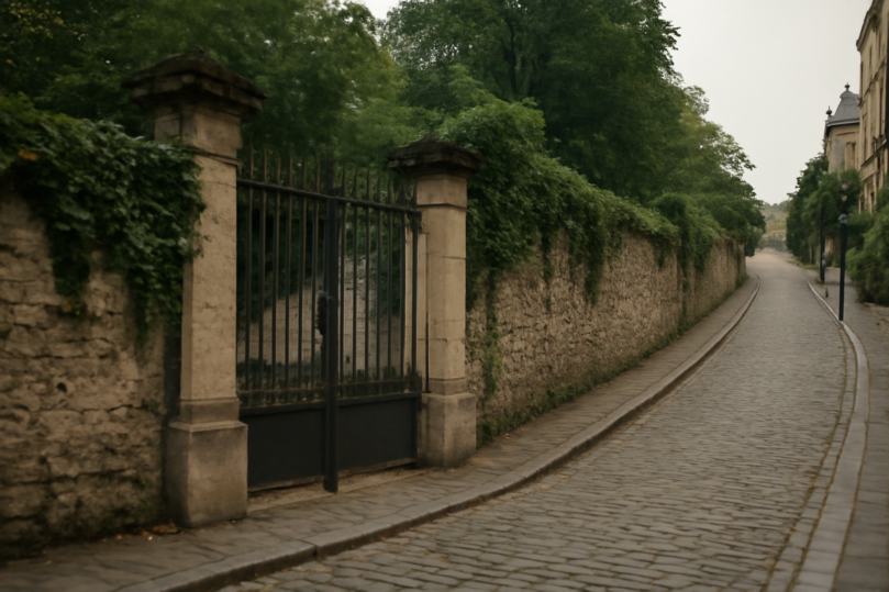 Gerbang pemakaman bersejarah di kawasan Montmartre Paris dengan jalan menanjak berbatu