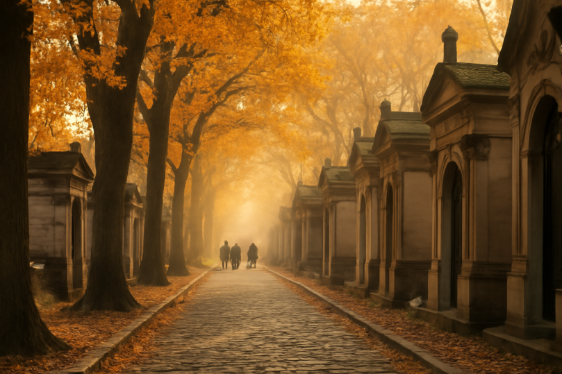 Suasana pagi di Pemakaman Père Lachaise Paris dengan pepohonan dan makam tua
