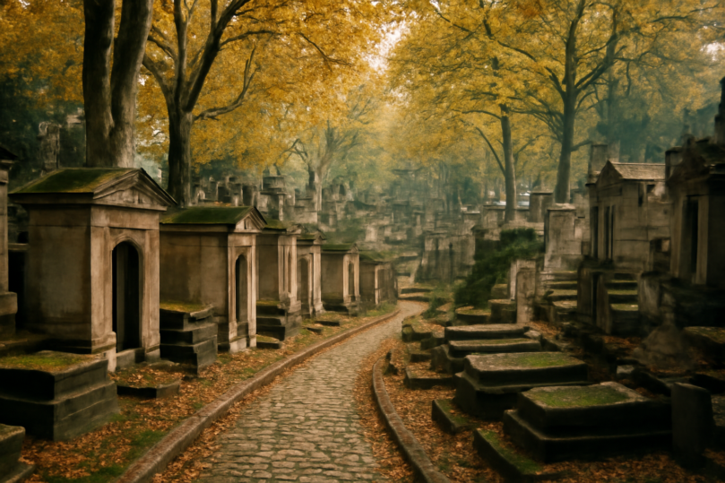 Jalan setapak berbatu di antara makam tua dan pepohonan di pemakaman Père Lachaise Paris