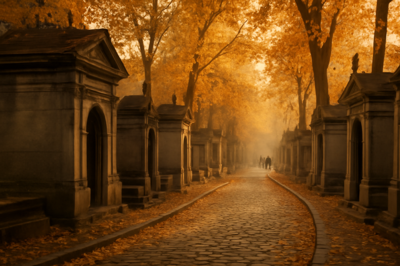 Suasana pagi di pemakaman Père Lachaise dengan jalur berbatu dan pepohonan musim gugur