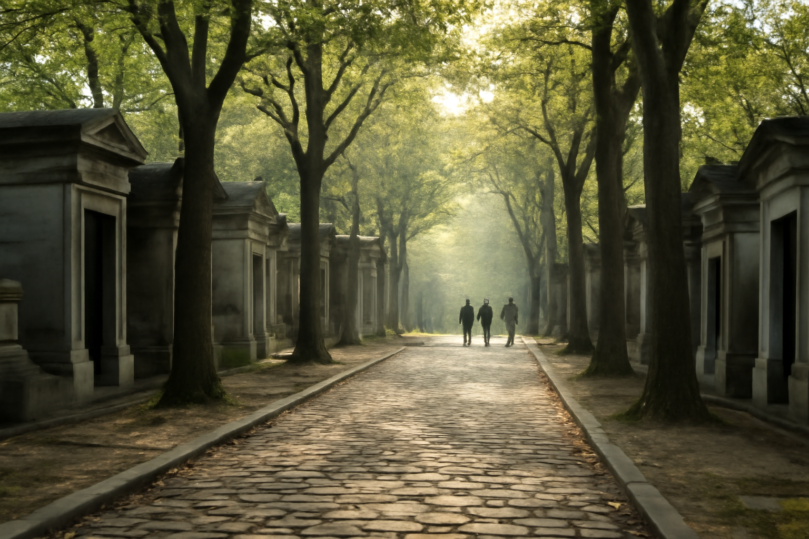 Suasana jalur berbatu di Pemakaman Père Lachaise Paris dengan pepohonan rindang dan makam tua