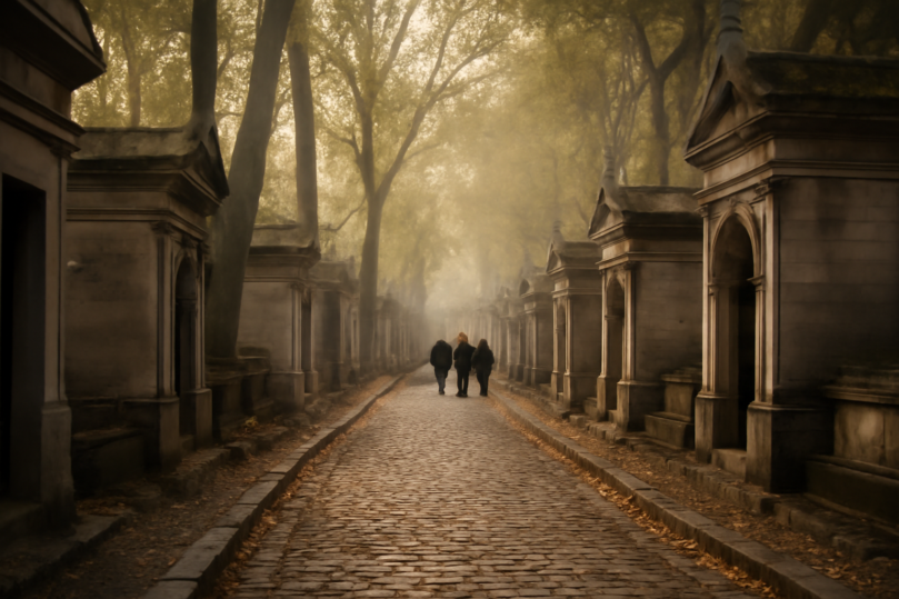 Jalur setapak di pemakaman Paris dengan makam batu dan pepohonan